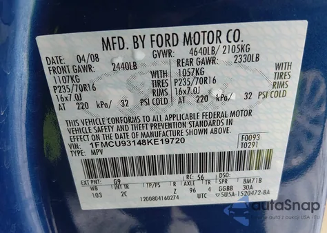 2008 Ford Escape Xlt from USA, damaged, VIN 1FMCU93148KE19720